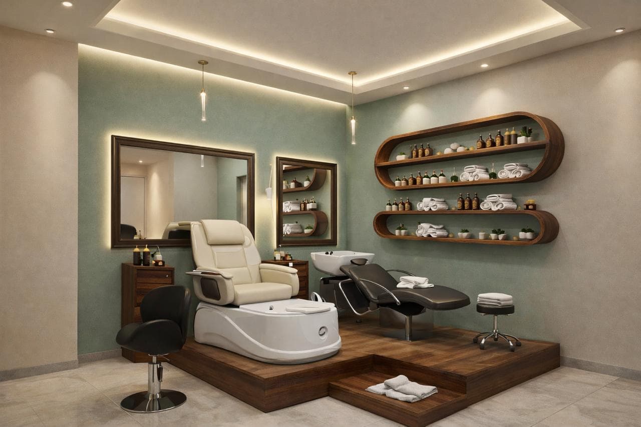 Pedicure lounge inspiration with a spa chair, foot basin, and treatment bed
